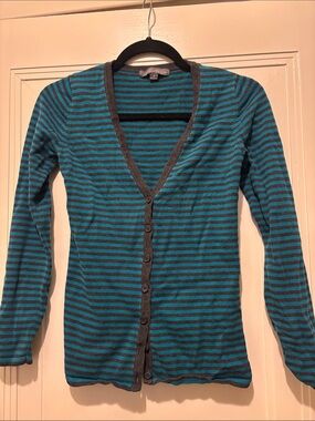 Teal & Black Striped V‑Neck Button Cardigan